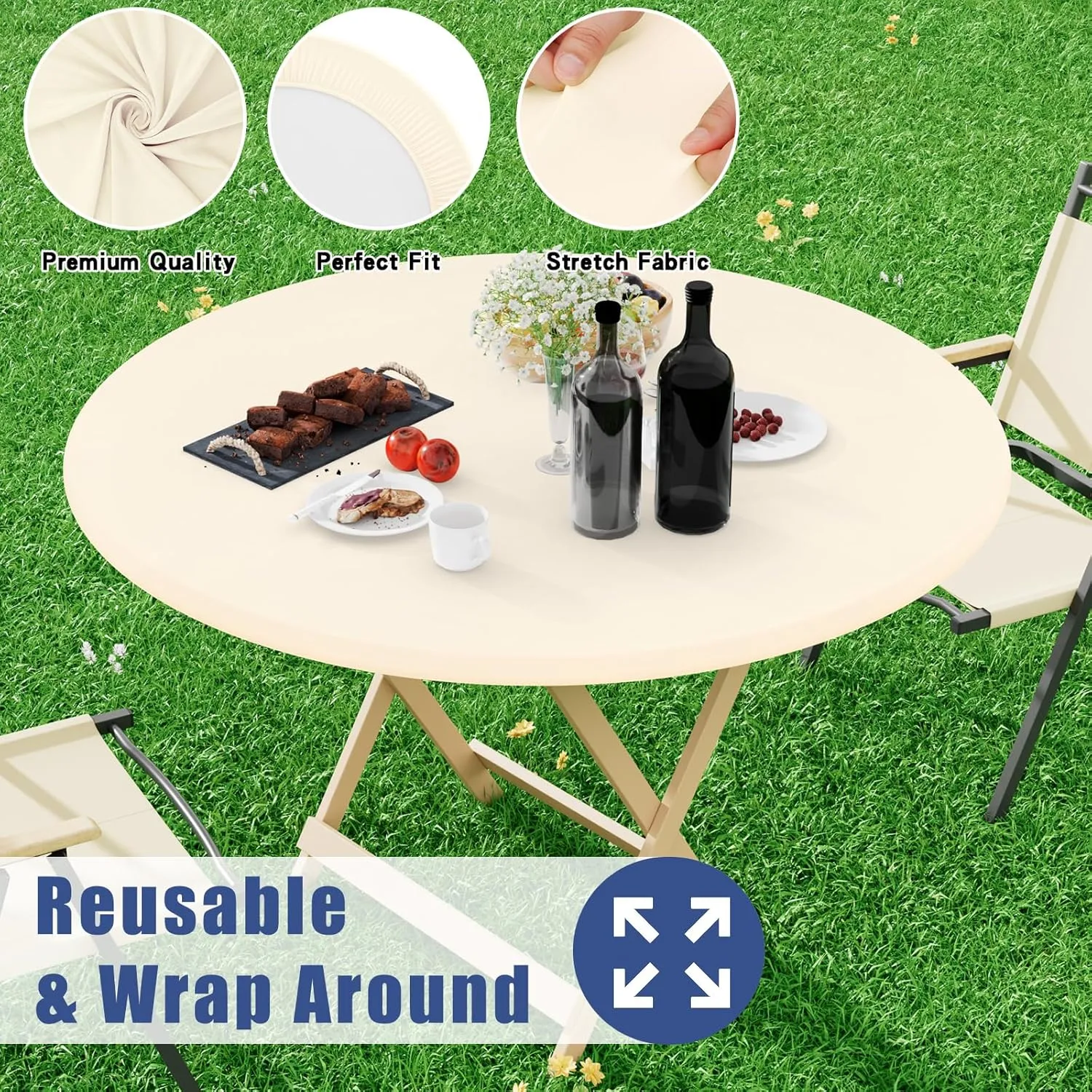 Round Spandex Table Cloth, Elastic Fitted Waterproof Tablecloths for 45"-56" Tables, Stretch Washable Picnic Table Cover for Camping, Dining, Indoor and Outdoor, Beige
