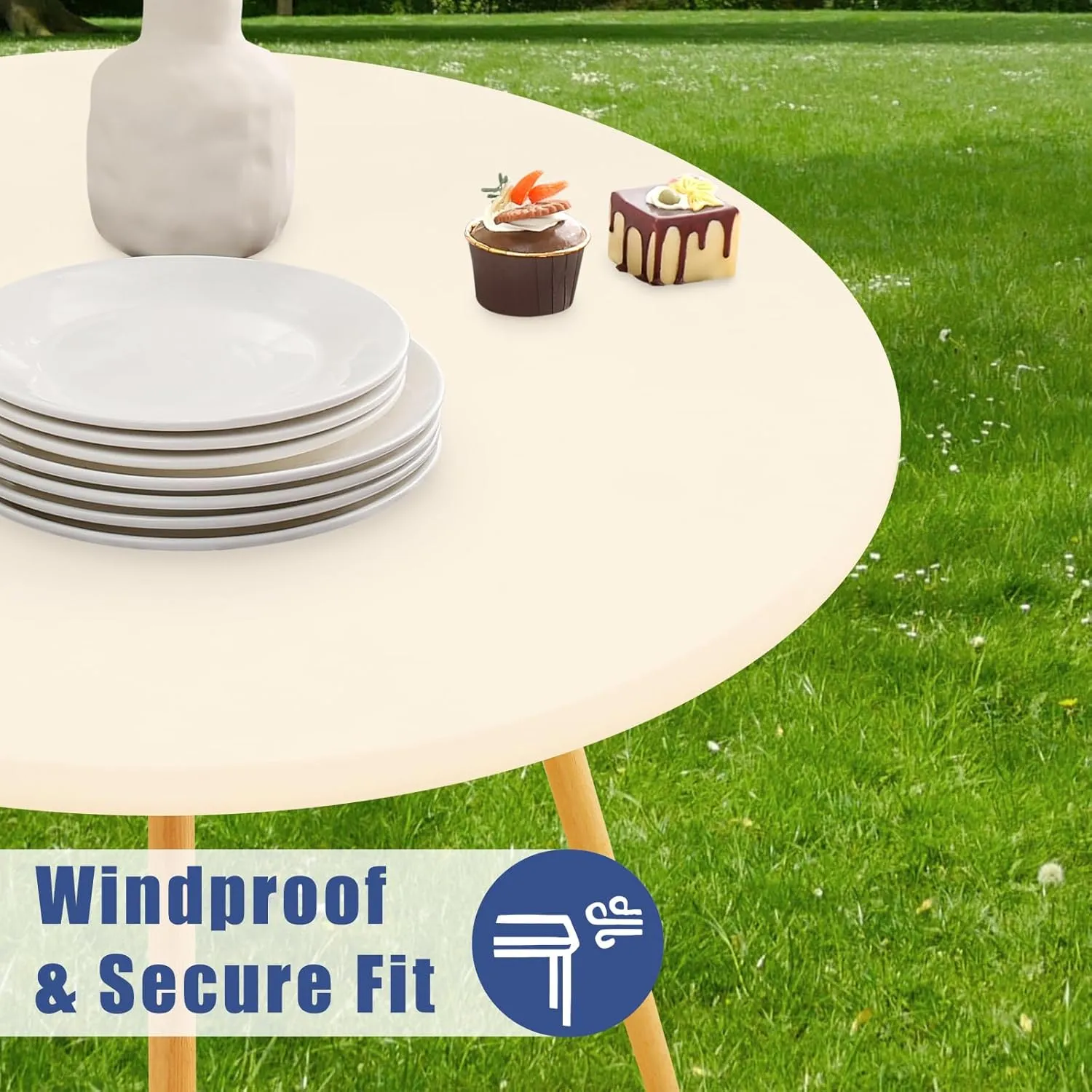 Round Spandex Table Cloth, Elastic Fitted Waterproof Tablecloths for 45"-56" Tables, Stretch Washable Picnic Table Cover for Camping, Dining, Indoor and Outdoor, Beige