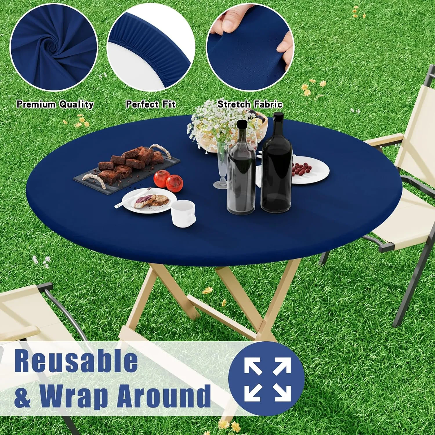 Round Spandex Table Cloth, Elastic Fitted Waterproof Tablecloths for 45"-56" Tables, Stretch Washable Picnic Table Cover for Camping, Dining, Indoor and Outdoor, Navy
