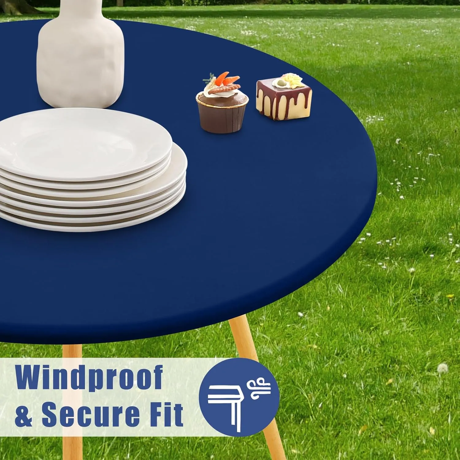 Round Spandex Table Cloth, Elastic Fitted Waterproof Tablecloths for 45"-56" Tables, Stretch Washable Picnic Table Cover for Camping, Dining, Indoor and Outdoor, Navy