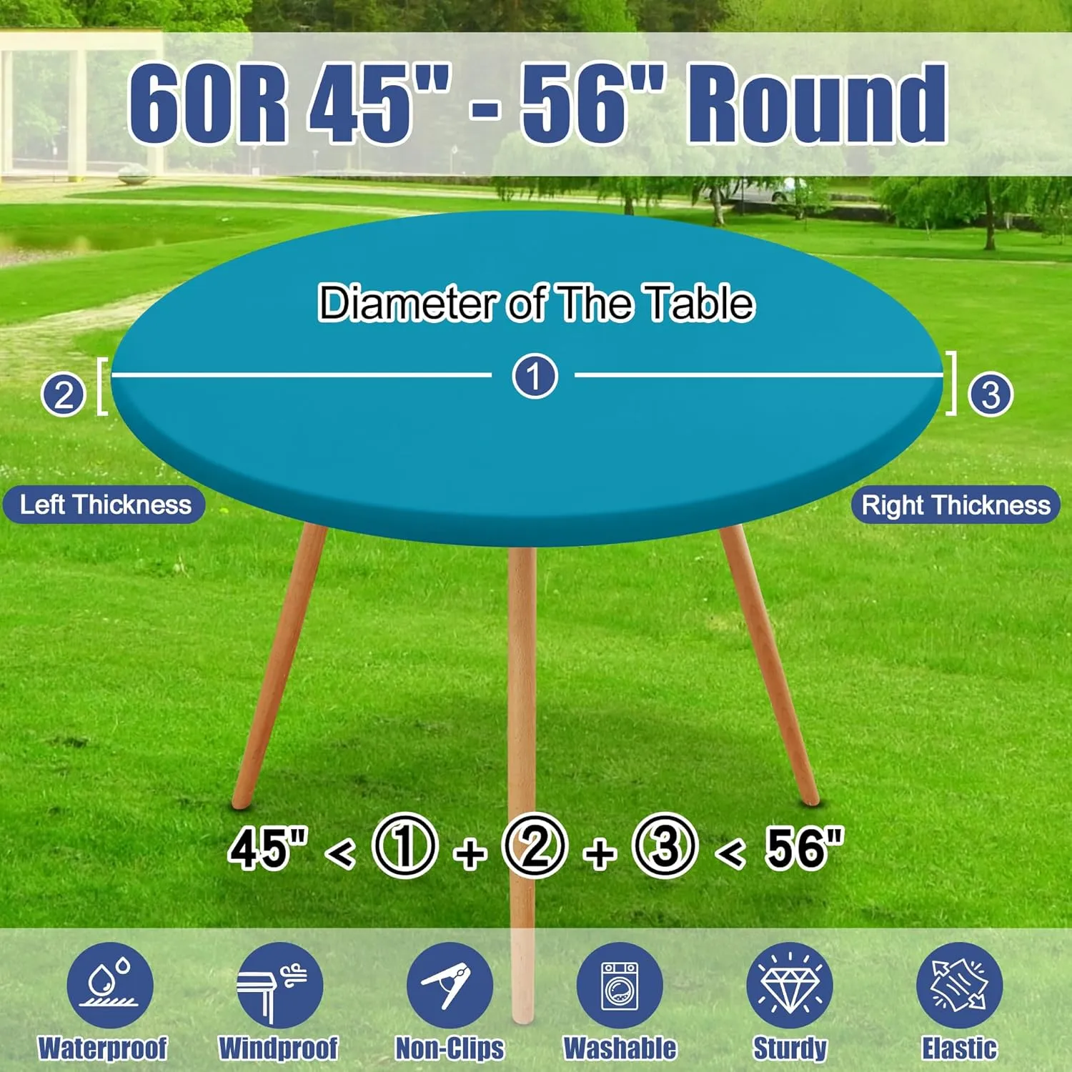 Round Spandex Table Cloth, Elastic Fitted Waterproof Tablecloths for 45"-56" Tables, Stretch Washable Picnic Table Cover for Camping, Dining, Indoor and Outdoor, Turquoise