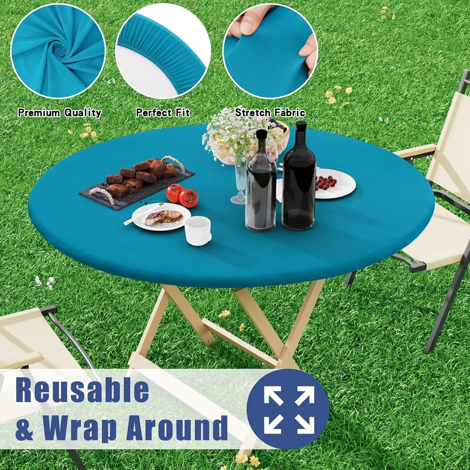 Round Spandex Table Cloth, Elastic Fitted Waterproof Tablecloths for 45"-56" Tables, Stretch Washable Picnic Table Cover for Camping, Dining, Indoor and Outdoor, Turquoise