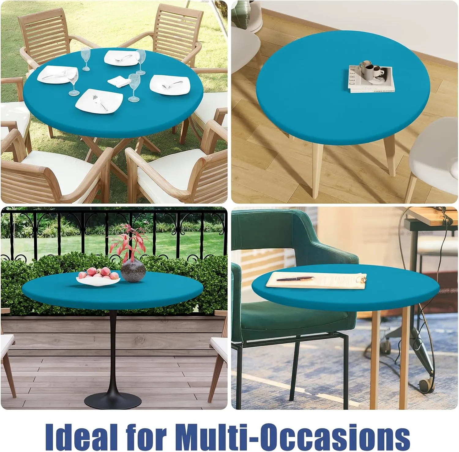 Round Spandex Table Cloth, Elastic Fitted Waterproof Tablecloths for 45"-56" Tables, Stretch Washable Picnic Table Cover for Camping, Dining, Indoor and Outdoor, Turquoise