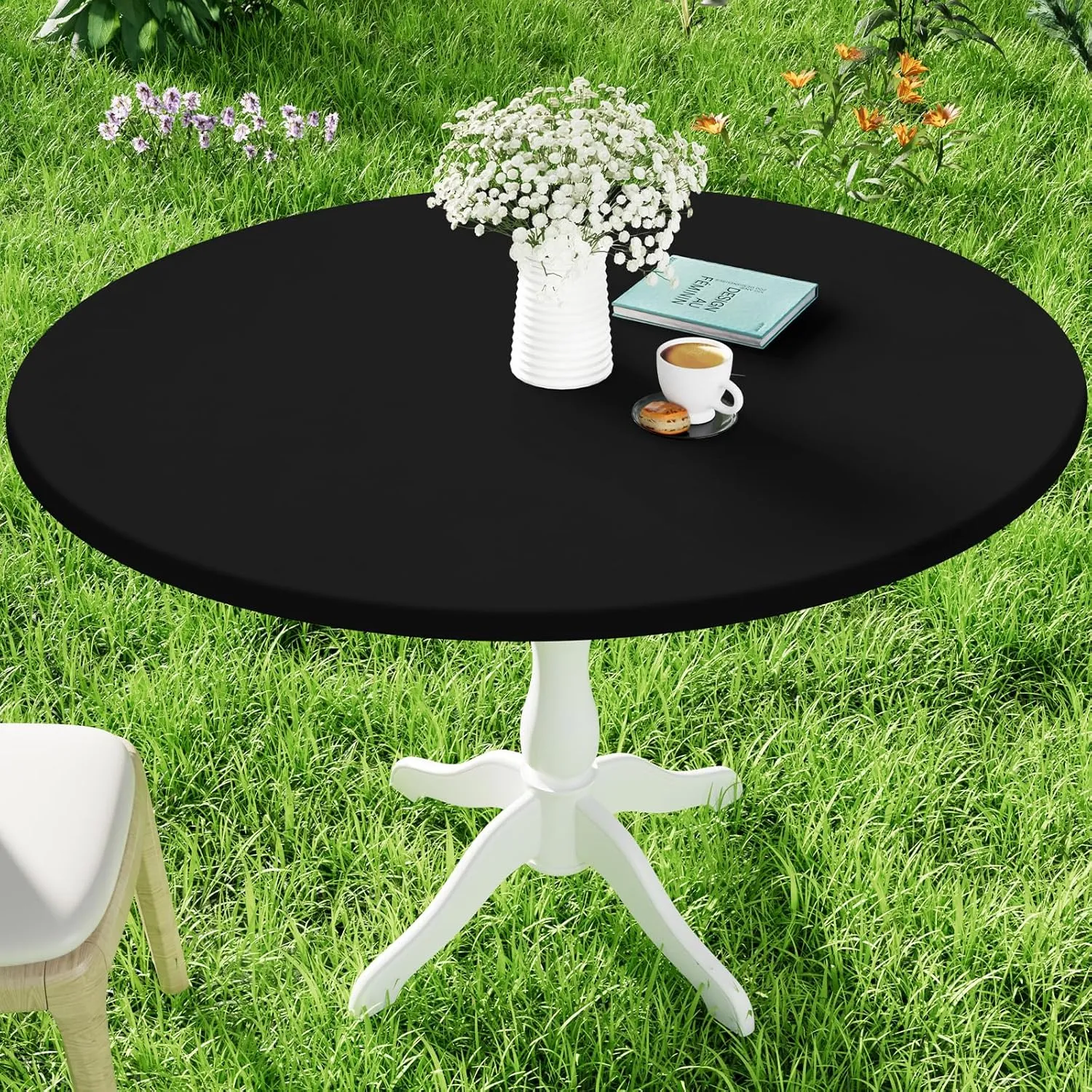 Round Spandex Table Cloth, Elastic Fitted Waterproof Tablecloths for 57"-68" Tables, Stretch Washable Picnic Table Cover for Camping, Dining, Indoor and Outdoor, Black