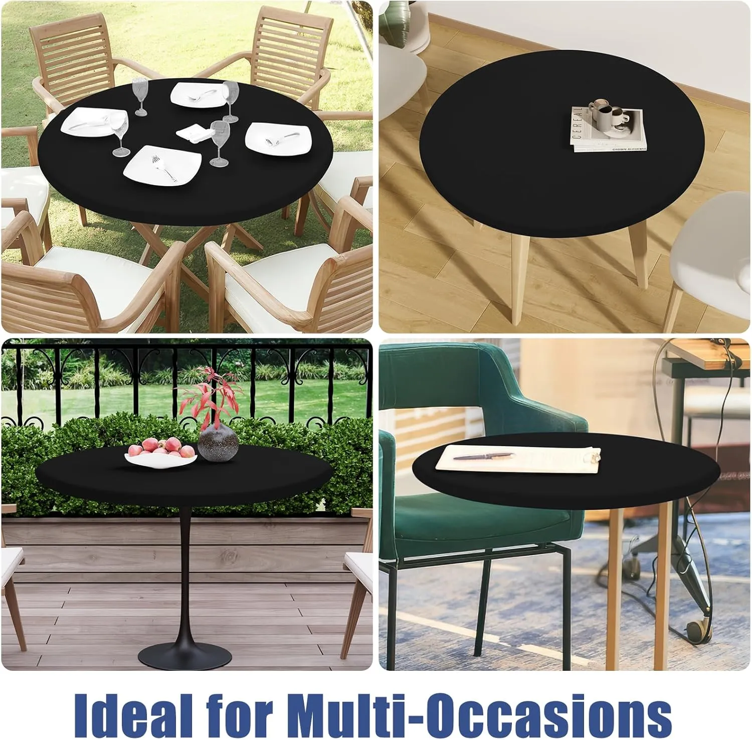 Round Spandex Table Cloth, Elastic Fitted Waterproof Tablecloths for 57"-68" Tables, Stretch Washable Picnic Table Cover for Camping, Dining, Indoor and Outdoor, Black