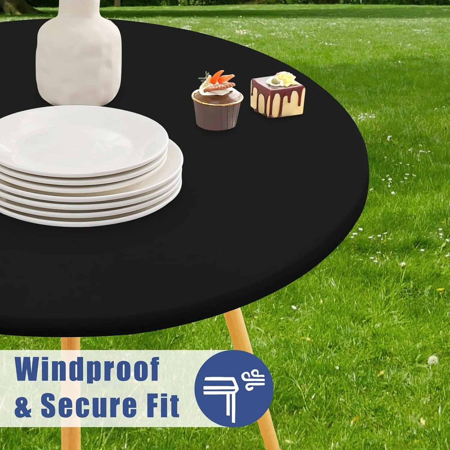 Round Spandex Table Cloth, Elastic Fitted Waterproof Tablecloths for 57"-68" Tables, Stretch Washable Picnic Table Cover for Camping, Dining, Indoor and Outdoor, Black