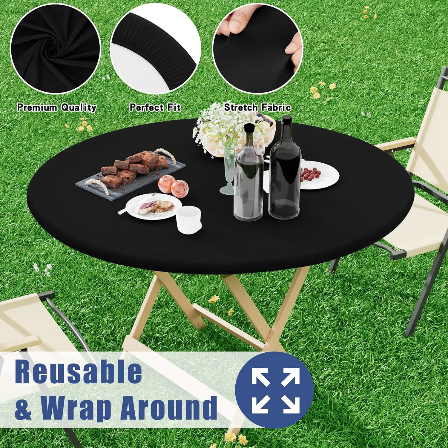 Round Spandex Table Cloth, Elastic Fitted Waterproof Tablecloths for 57"-68" Tables, Stretch Washable Picnic Table Cover for Camping, Dining, Indoor and Outdoor, Black