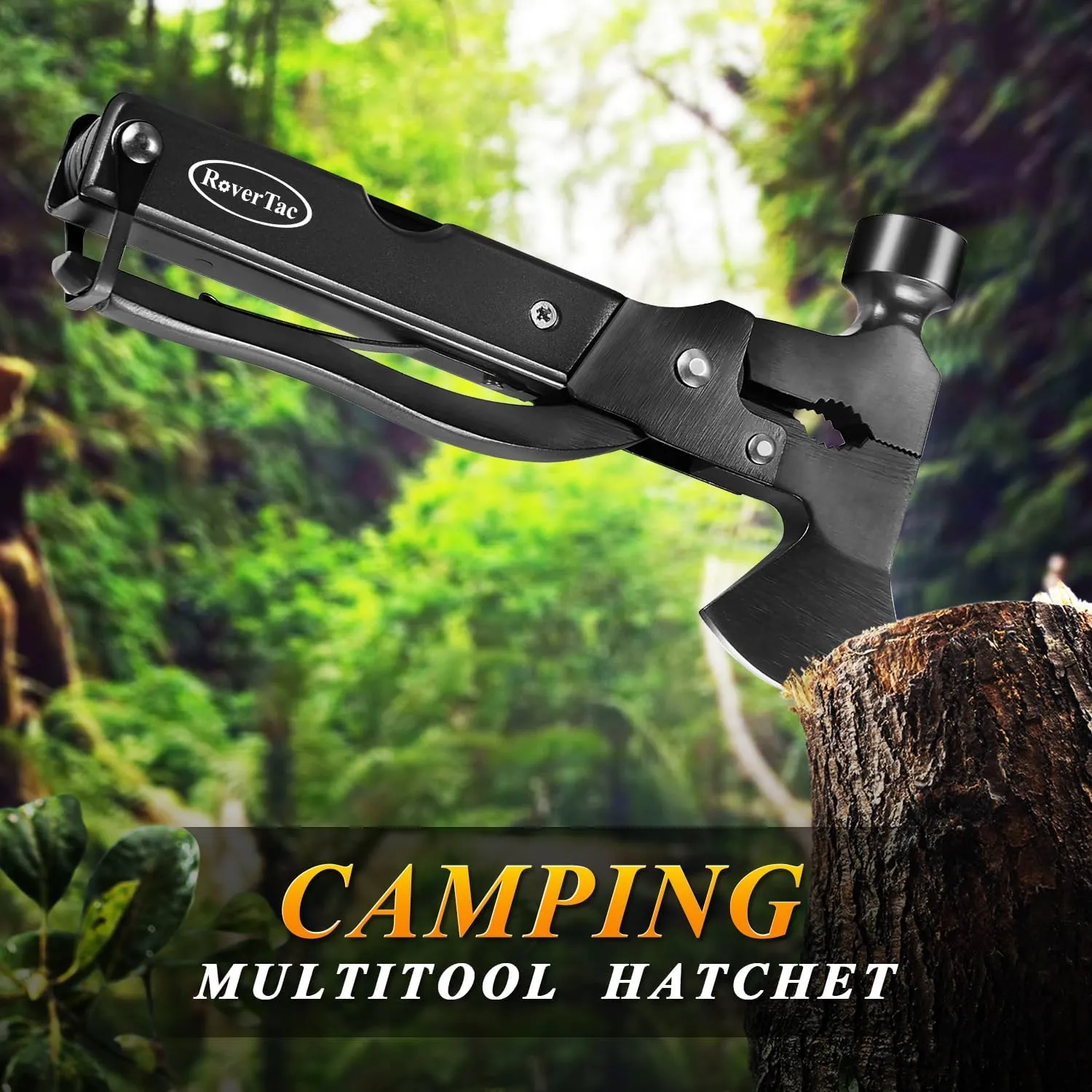 RoverTac 14-in-1 Multitool Camping Axe – Multi Tool with Knife, Hammer, Saw, Screwdrivers, Bottle Opener – Camping Tool with Sheath – Tool Gifts for Men, Dad, Husband, and Outdoor Enthusiasts.