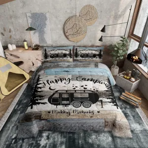 Rustic Farmhouse Style Comforter 3 Pieces, Happy Camping Duvet Insert for Boys Kids Teens Camper Bedding,Black Sketch Drawing Bedding Comforters Vintage Old Barn Door Inner Fill, Queen Size
