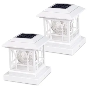 Rynx | Aefreleoht Solar Post Cap Light, Warm White & RGB Automatic Cycle, Cracked Glass Bulb, 20 Lumen Lp65 Waterproof Fits 3.6X3.6 4X4 4.5X4.5 5X5 Wooden Fence Post Solar Powered Light White (2 Pack)
