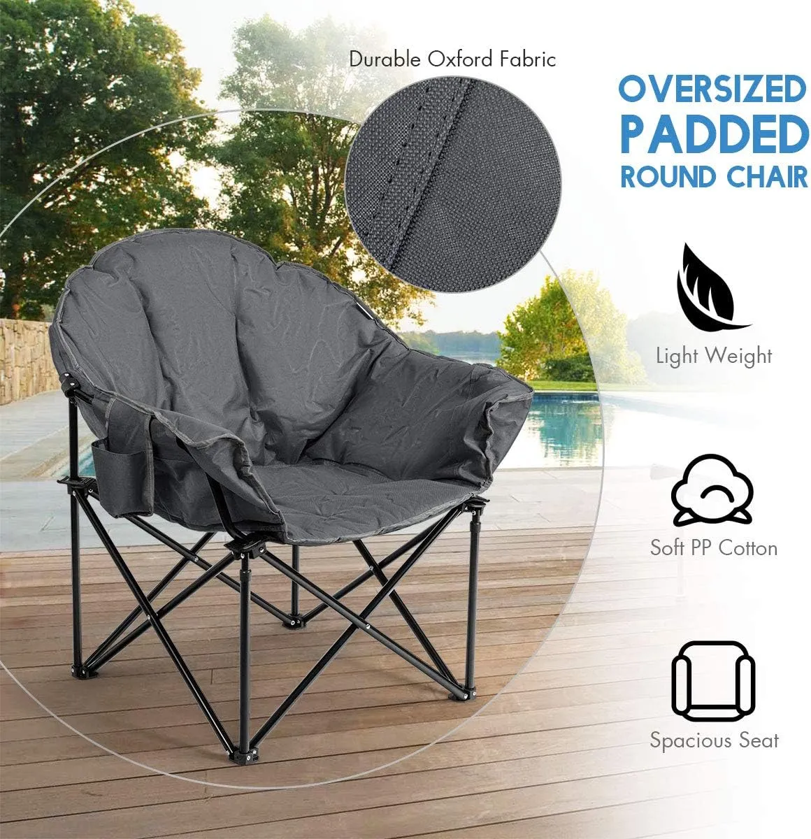 S AFSTAR Oversized Camping Chair, Cushion Padded Moon Round Saucer Chair w/Cup Holder & Carry Bag, Outdoor Leisure Chair, Portable Folding Camp Chair for Camping Fishing, Supports 300lbs (1, Grey)