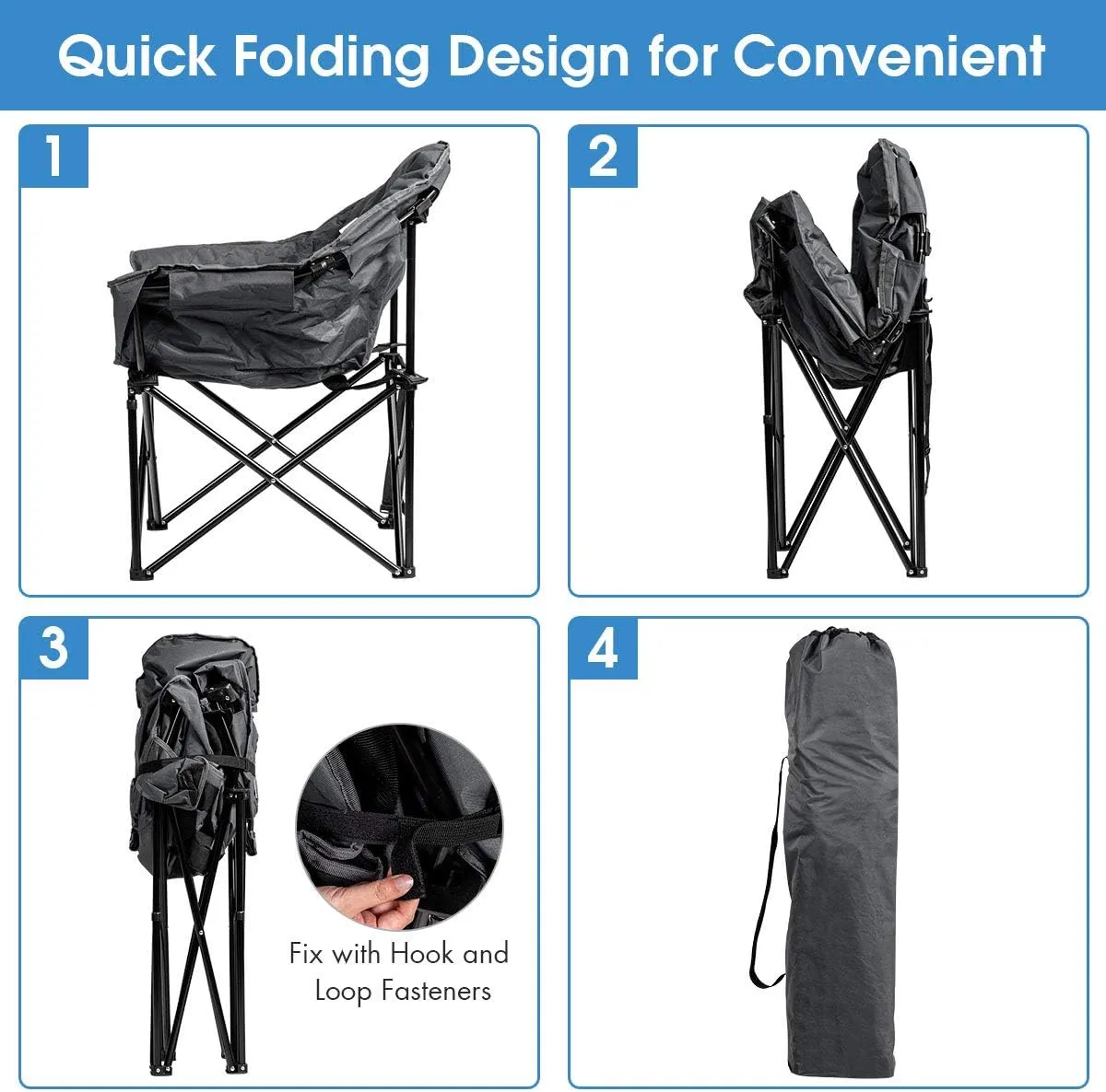 S AFSTAR Oversized Camping Chair, Cushion Padded Moon Round Saucer Chair w/Cup Holder & Carry Bag, Outdoor Leisure Chair, Portable Folding Camp Chair for Camping Fishing, Supports 300lbs (1, Grey)