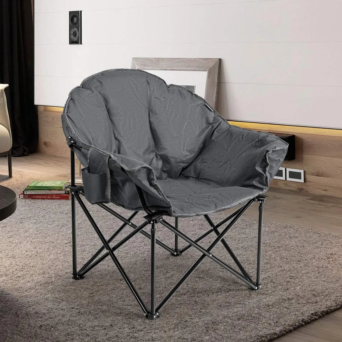 S AFSTAR Oversized Camping Chair, Cushion Padded Moon Round Saucer Chair w/Cup Holder & Carry Bag, Outdoor Leisure Chair, Portable Folding Camp Chair for Camping Fishing, Supports 300lbs (1, Grey)