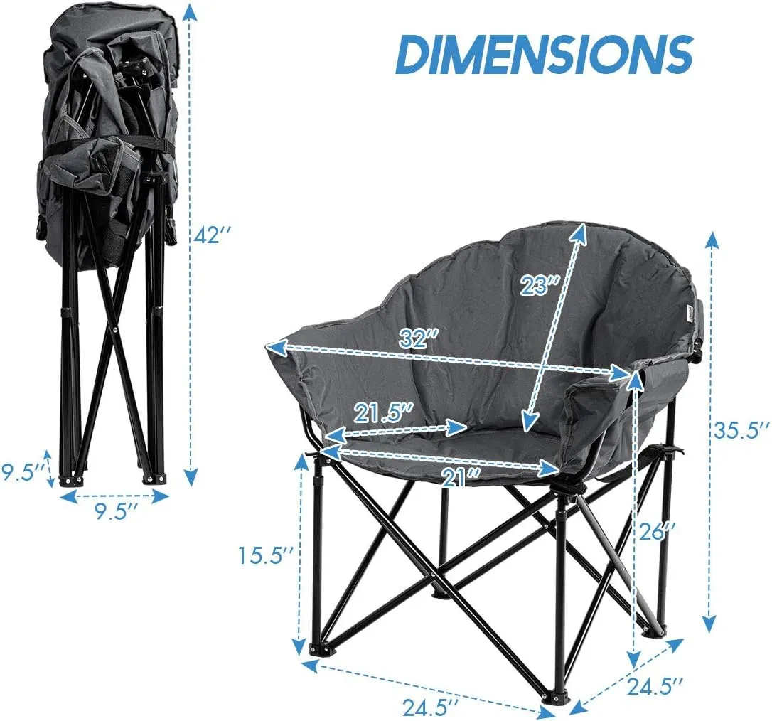 S AFSTAR Oversized Camping Chair, Cushion Padded Moon Round Saucer Chair w/Cup Holder & Carry Bag, Outdoor Leisure Chair, Portable Folding Camp Chair for Camping Fishing, Supports 300lbs (1, Grey)