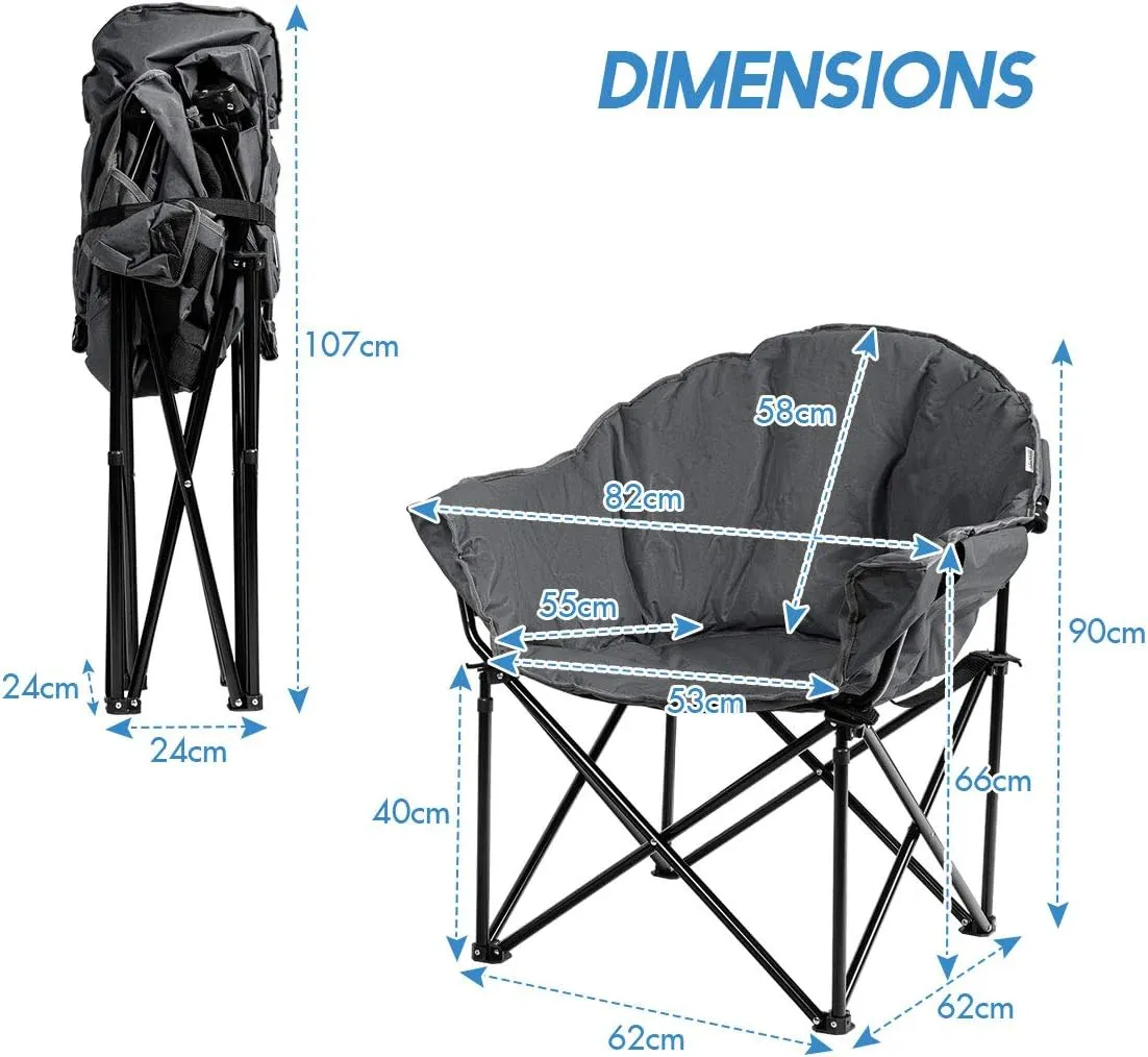 S AFSTAR Oversized Camping Chair, Cushion Padded Moon Round Saucer Chair w/Cup Holder & Carry Bag, Outdoor Leisure Chair, Portable Folding Camp Chair for Camping Fishing, Supports 300lbs (1, Grey)