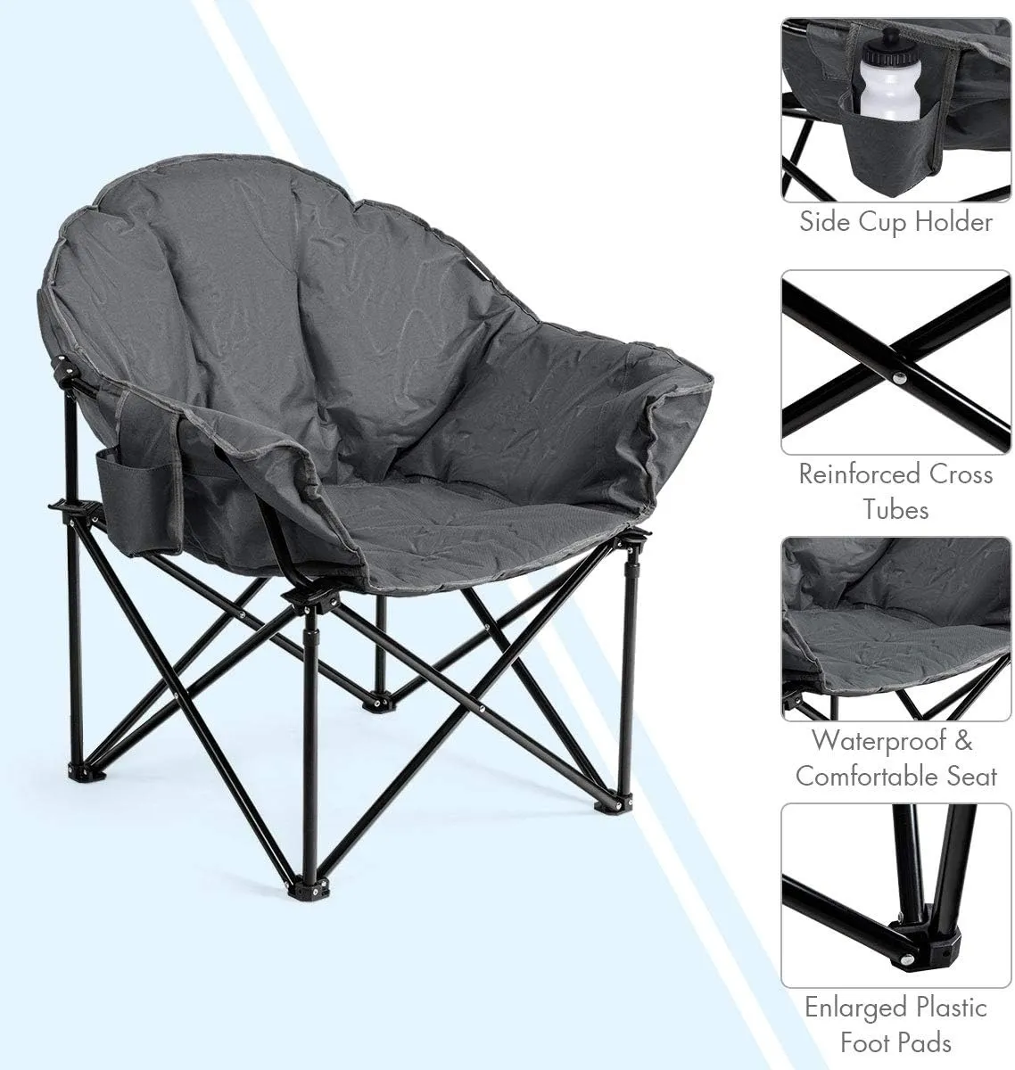 S AFSTAR Oversized Camping Chair, Cushion Padded Moon Round Saucer Chair w/Cup Holder & Carry Bag, Outdoor Leisure Chair, Portable Folding Camp Chair for Camping Fishing, Supports 300lbs (1, Grey)