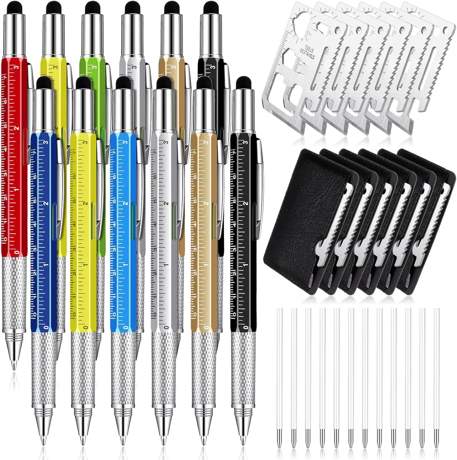 Sabary 36 Pcs Multitool Pen Gift Set for Men Father Dad Including 12 Pcs 6 in 1 Tool Pen Bulk 12 Pcs Stainless Steel 11 in 1 Beer Opener Credit Card Tool and 12 Pcs Black Refill(Bright Color)