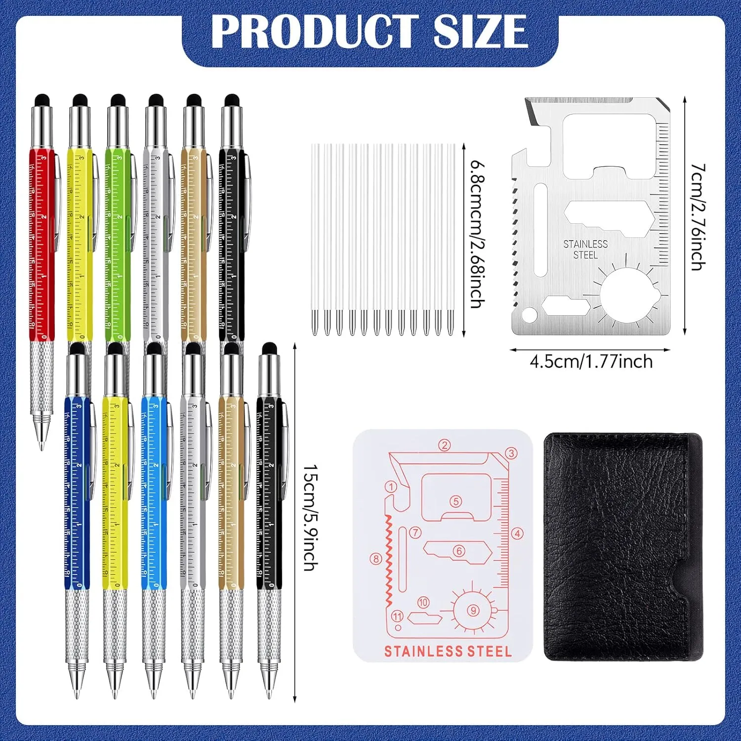 Sabary 36 Pcs Multitool Pen Gift Set for Men Father Dad Including 12 Pcs 6 in 1 Tool Pen Bulk 12 Pcs Stainless Steel 11 in 1 Beer Opener Credit Card Tool and 12 Pcs Black Refill(Bright Color)