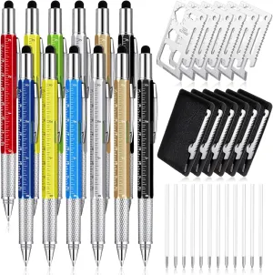 Sabary 36 Pcs Multitool Pen Gift Set for Men Father Dad Including 12 Pcs 6 in 1 Tool Pen Bulk 12 Pcs Stainless Steel 11 in 1 Beer Opener Credit Card Tool and 12 Pcs Black Refill(Bright Color)
