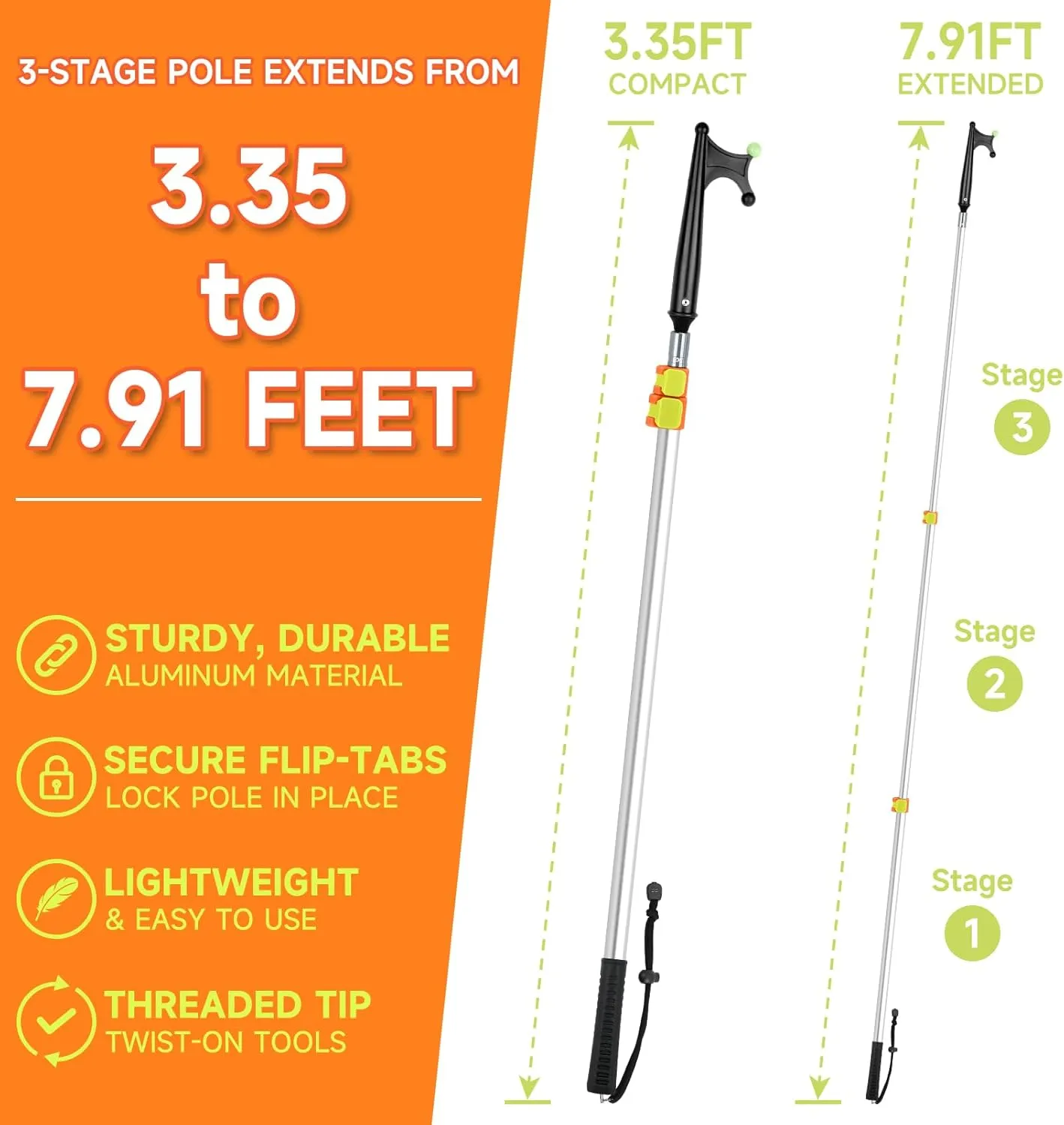 SAN LIKE Boat Hook with Telescoping Extension Pole,Durable Floating Lightweight and Sturdy Aluminum Boat Pole with Luminous Bead,Boating Accessories Non-Slip Push Pole for Docking