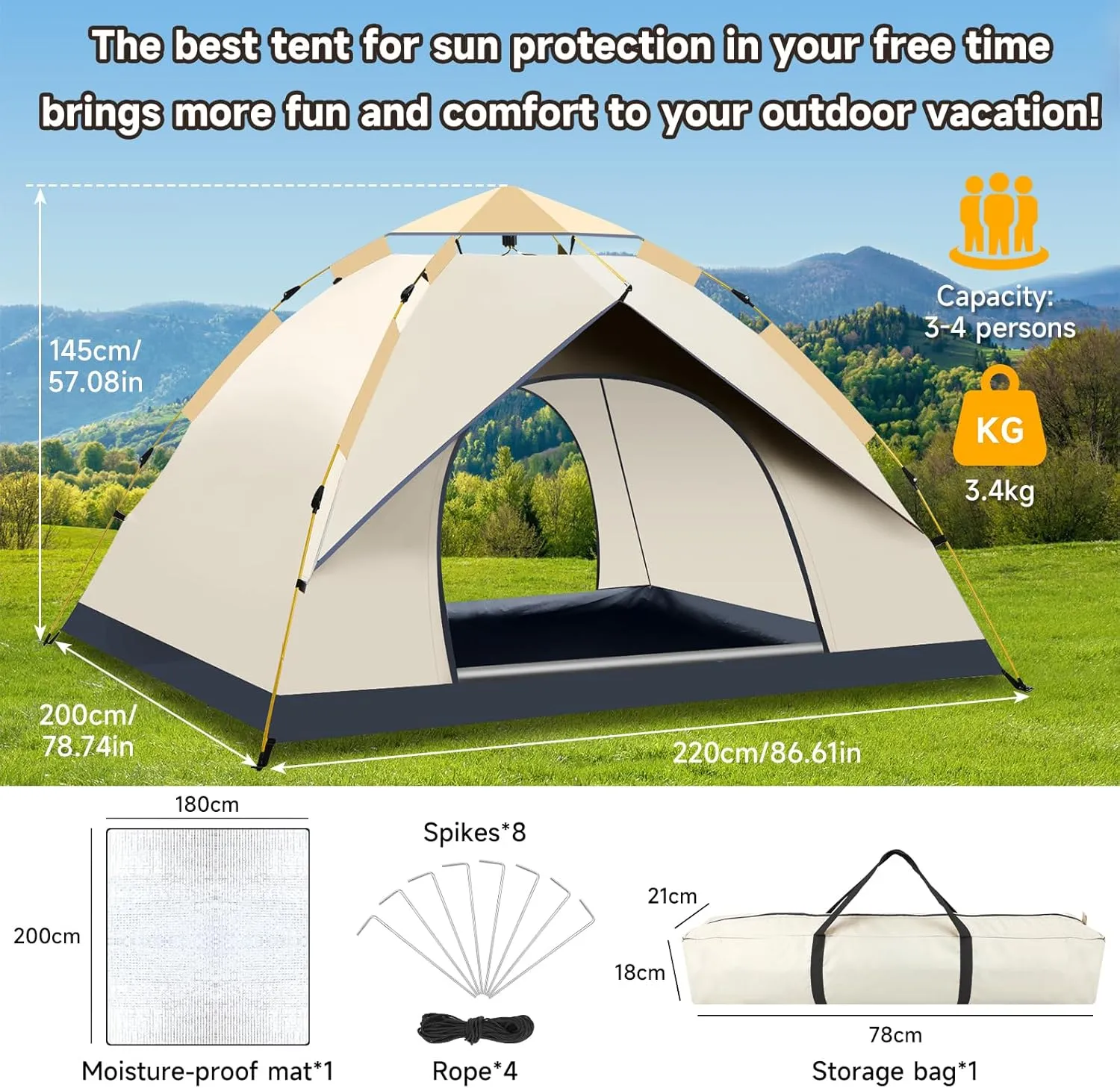 SAN Like Camping Tent 2/3/4 Person Instant Easy Pop Up Tents for Camping Lightweight Backpacking Tent Automatic Waterproof Family Easy Set Up Tent,Portable Dome Tent for Camping Hiking Traveling