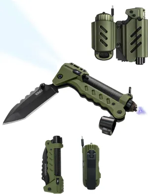 sayram Pocket Knife with Flashlight, EDC Flashlight Knife Kydex Combo, Folding Knife with Rechargeable Flashlight and Hand Crank Generator, Pulse Ignition for Outdoor (Green)