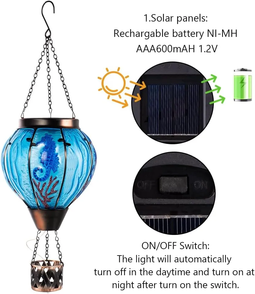Seahorse Solar Hot Air Balloon Lantern with Flame Flickering Light,Glass Hot Air Balloon Solar Lanterns Outdoor Waterproof Hanging Outdoor Lights for Yard,Patio,Porch Garden Gift for Women