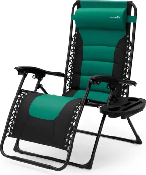 SereneLife Outdoor Padded Zero Gravity Lawn Chair – Adjustable Folding Recliner with Lock, Headrest Pillow & Cup Holder Side Table – Green & Black Camping or Patio Gravity Chair, 264.6 lbs Capacity
