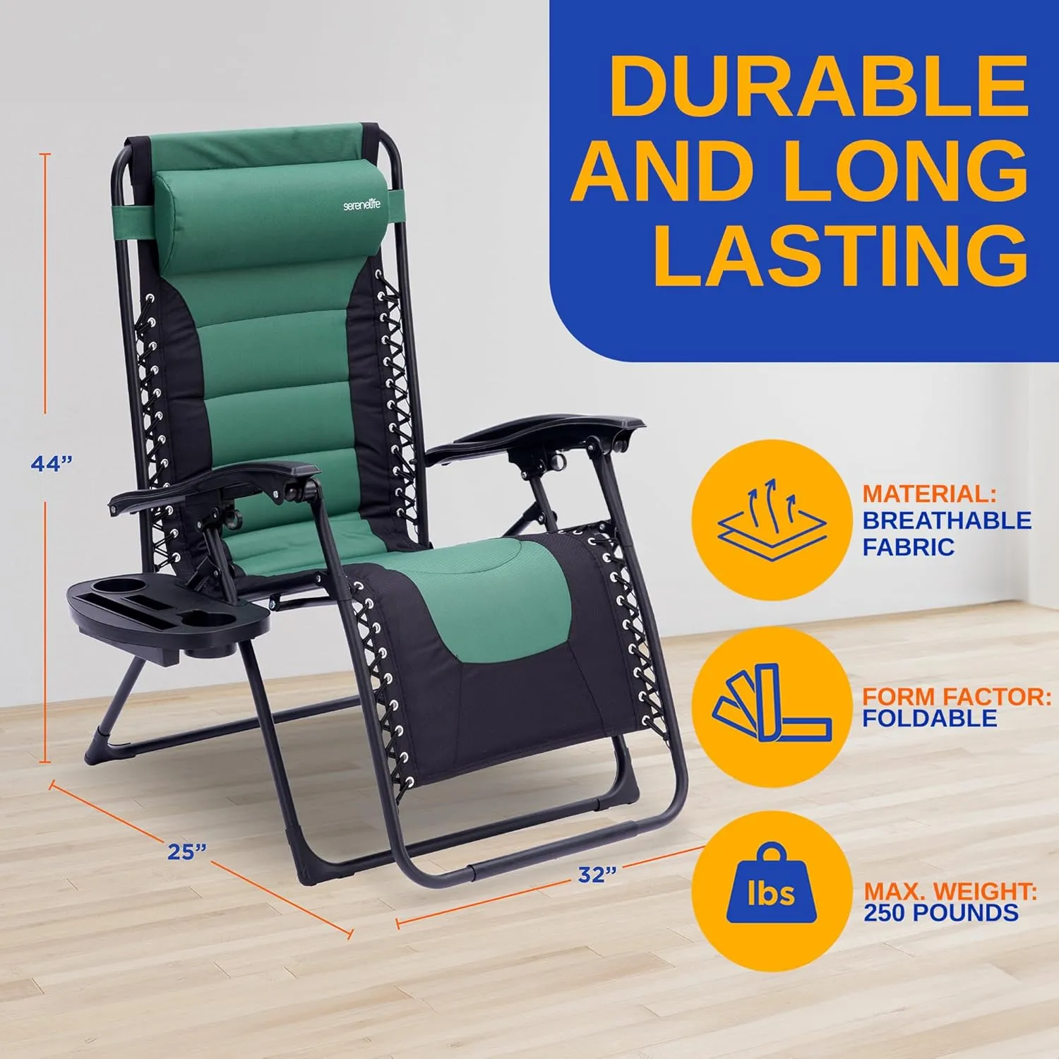 SereneLife Outdoor Padded Zero Gravity Lawn Chair – Adjustable Folding Recliner with Lock, Headrest Pillow & Cup Holder Side Table – Green & Black Camping or Patio Gravity Chair, 264.6 lbs Capacity