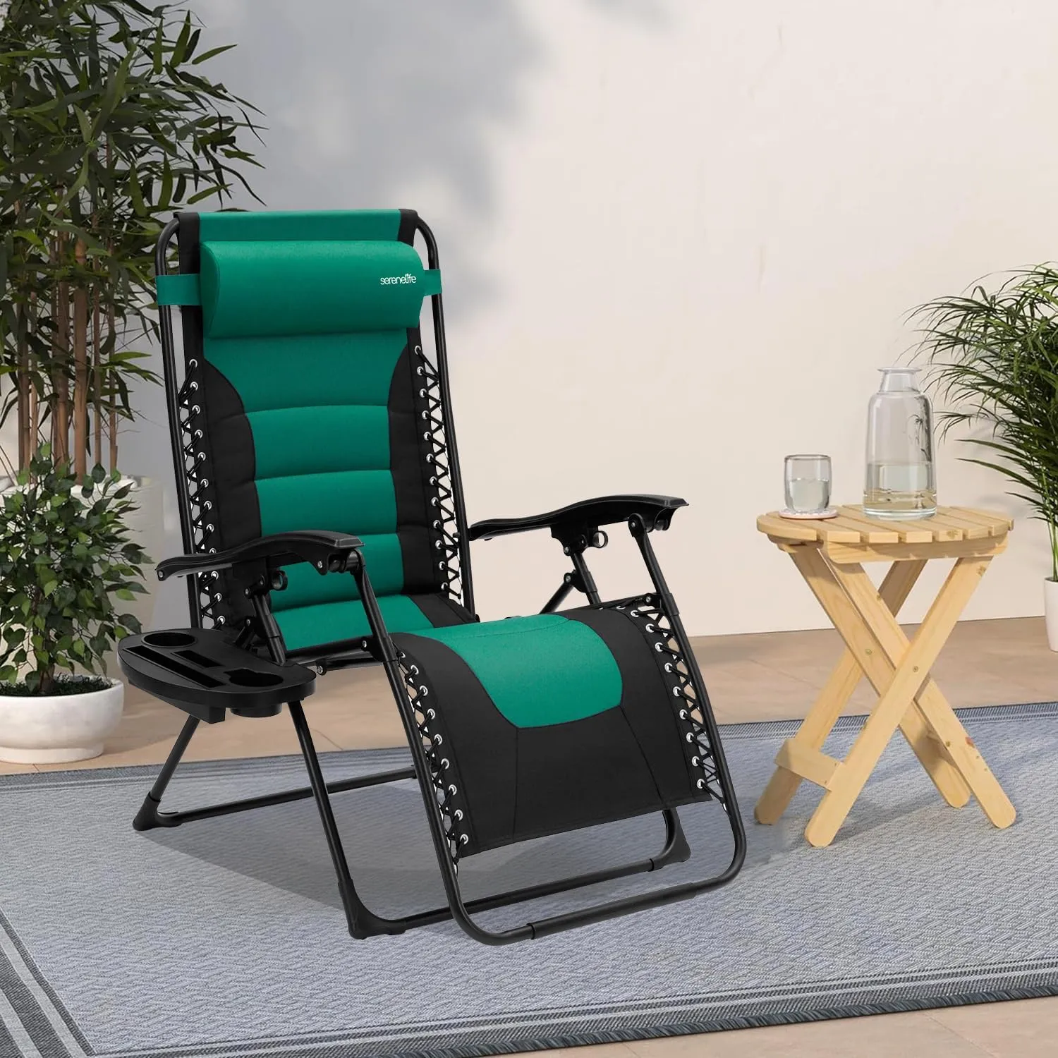 SereneLife Outdoor Padded Zero Gravity Lawn Chair – Adjustable Folding Recliner with Lock, Headrest Pillow & Cup Holder Side Table – Green & Black Camping or Patio Gravity Chair, 264.6 lbs Capacity