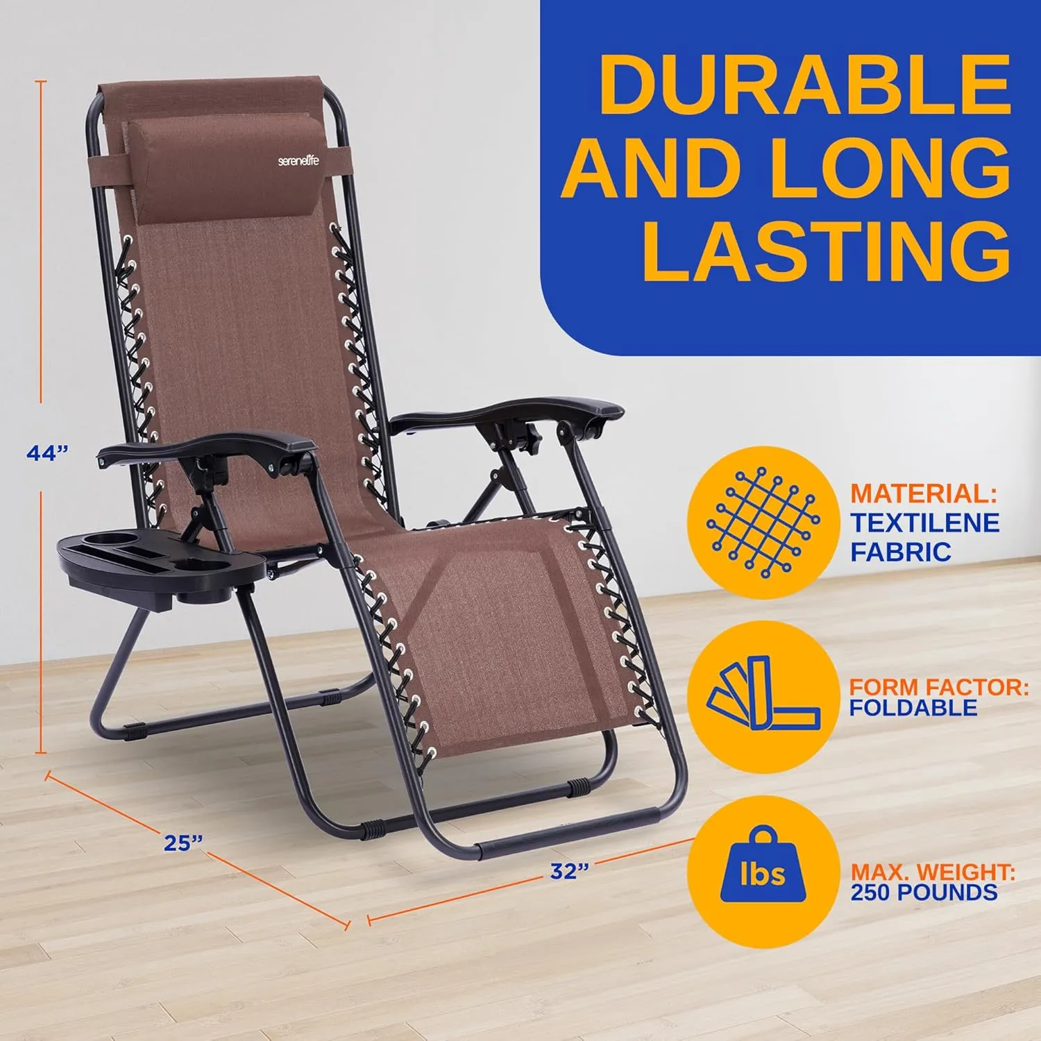 SereneLife Zero Gravity Outdoor Lounge Chairs Reclining Set of 2 – Folding Lawn Chairs with Side Table, Padded Headrest & Cup Holder – Adjustable Patio Chairs for Camping, Deck, Garden (Brown)