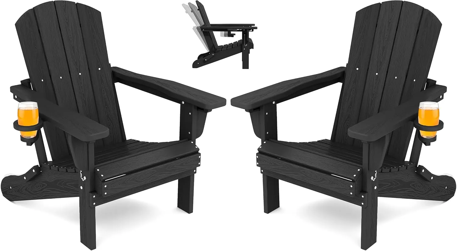 SERWALL Folding Adirondack Chair Set of 2, Adjustable Adirondack Chair with 3 Recline Positions, All Weather HDPE Outdoor Adirondack with Cup Holders, Black