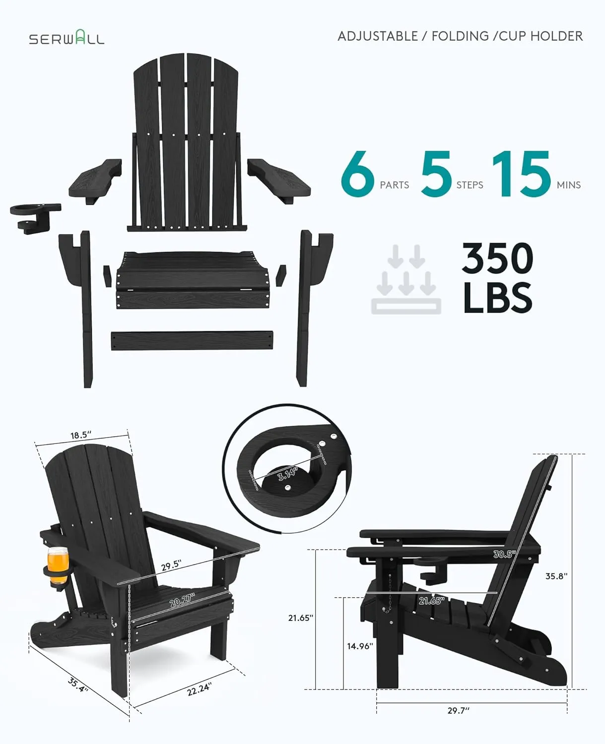 SERWALL Folding Adirondack Chair Set of 2, Adjustable Adirondack Chair with 3 Recline Positions, All Weather HDPE Outdoor Adirondack with Cup Holders, Black