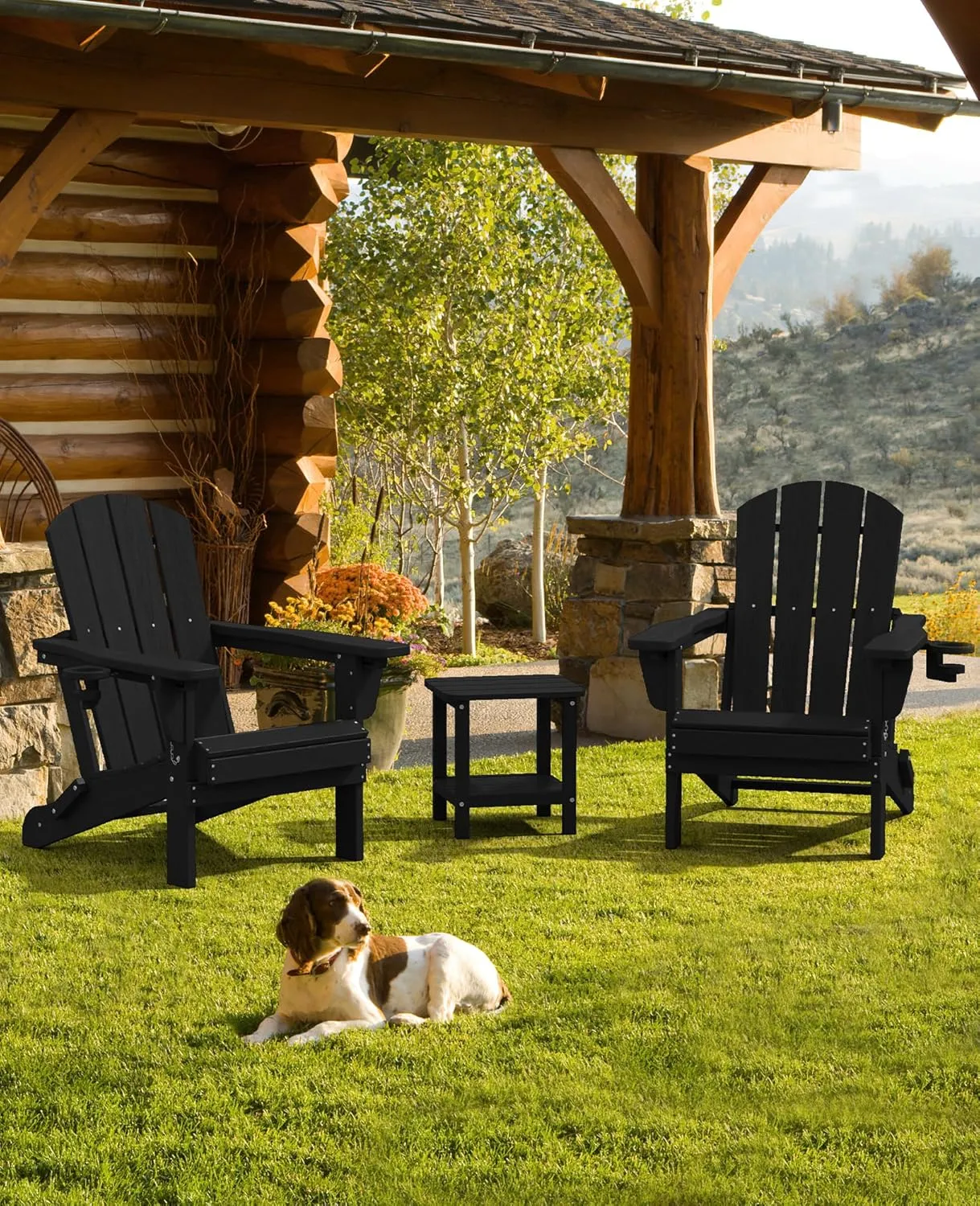 SERWALL Folding Adirondack Chair Set of 2, Adjustable Adirondack Chair with 3 Recline Positions, All Weather HDPE Outdoor Adirondack with Cup Holders, Black