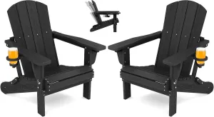 SERWALL Folding Adirondack Chair Set of 2, Adjustable Adirondack Chair with 3 Recline Positions, All Weather HDPE Outdoor Adirondack with Cup Holders, Black