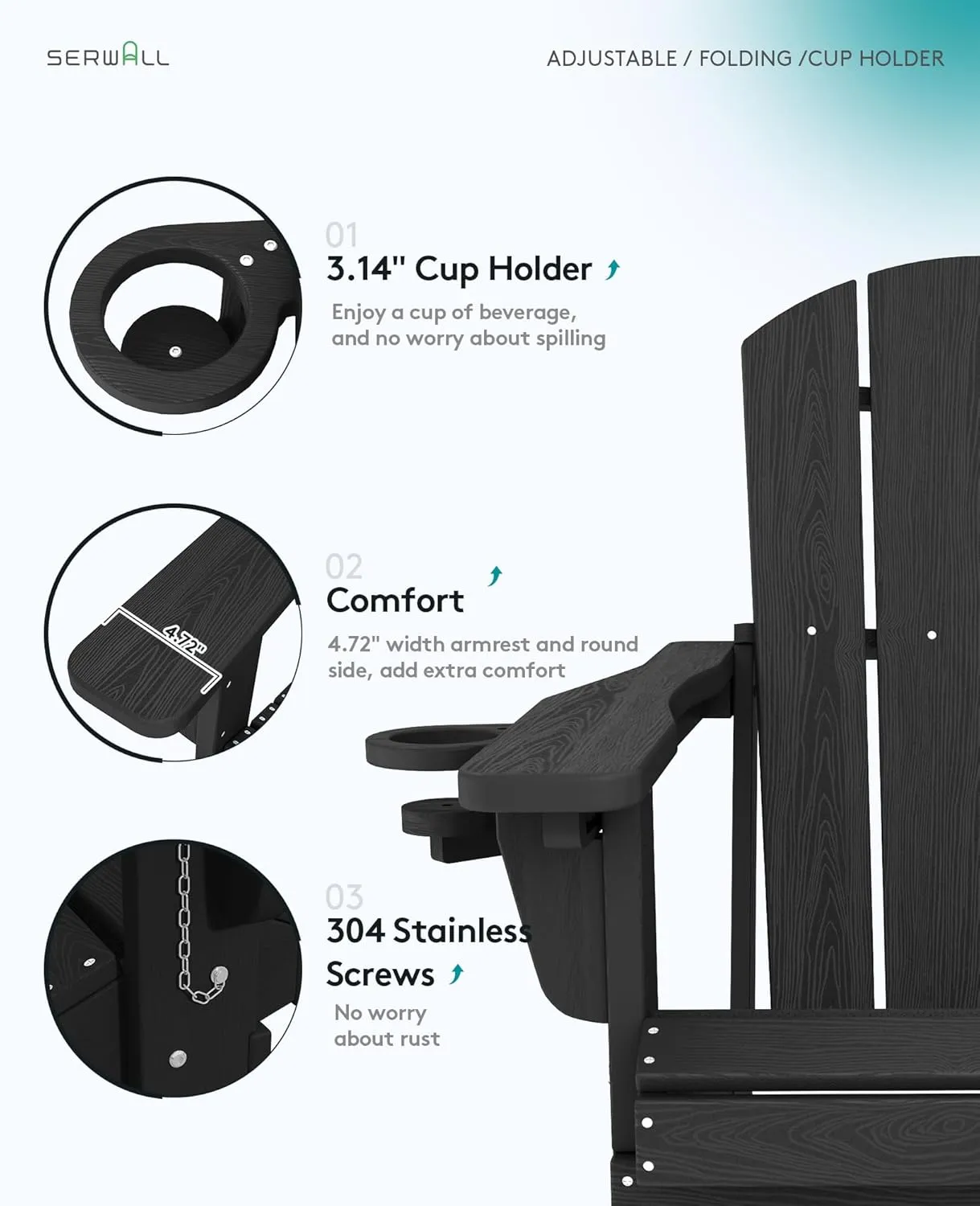 SERWALL Folding Adirondack Chair Set of 2, Adjustable Adirondack Chair with 3 Recline Positions, All Weather HDPE Outdoor Adirondack with Cup Holders, Black