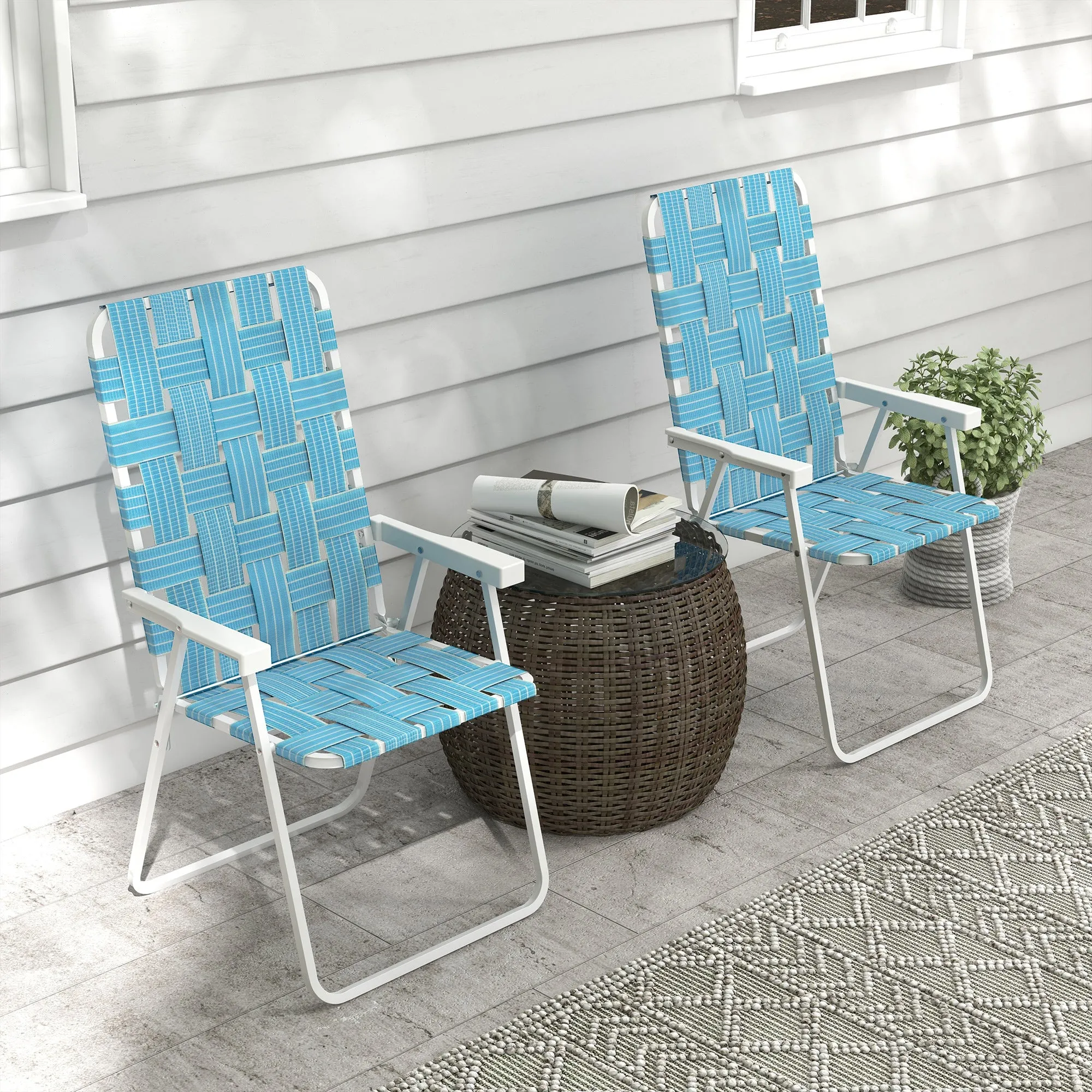 Set of 2 Classic Outdoor Camping Chairs, Portable Lawn Chairs w/ Armrests, Blue