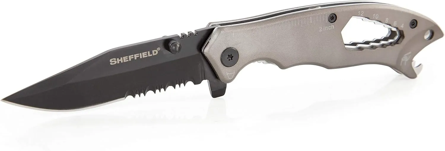 Sheffield 12170 Mechan 9-in-1 Pocket Knife Multitool | 3" Partially Serrated Knife Blade | Ruled Edge, 5 Wrenches, Slotted Screwdriver, Bottle Opener in One EDC Multi Knife | Great Survival Multitool, Steel Gray & Black