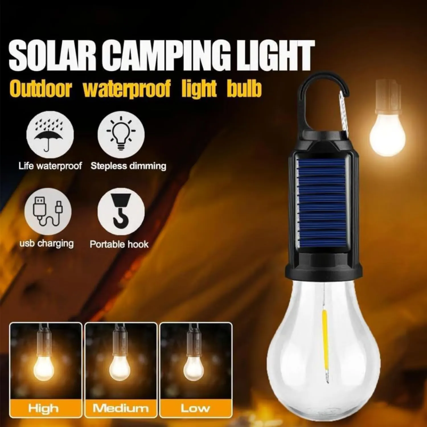 Shineshore Solar Lights - Solar Rechargeable Hooked Camping Light, Waterproof Portable USB Rechargeable LED Lights for Outdoor, Camping (2Pcs)