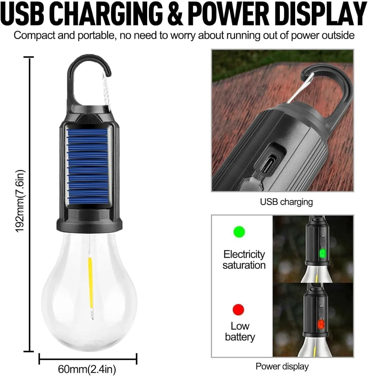 Shineshore Solar Rechargeable Hooked Camping Light, Solar Tent Lights USB Rechargeable Camping Lights, Portable Outdoor Tent Lights with Clip Hook for Camping, Waterproof (3PCS,Style A)