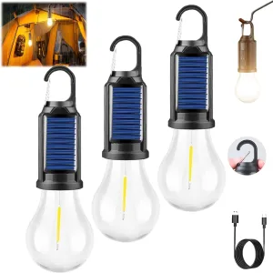 Shineshore Solar Rechargeable Hooked Camping Light, Solar Tent Lights USB Rechargeable Camping Lights, Portable Outdoor Tent Lights with Clip Hook for Camping, Waterproof (3PCS,Style A)