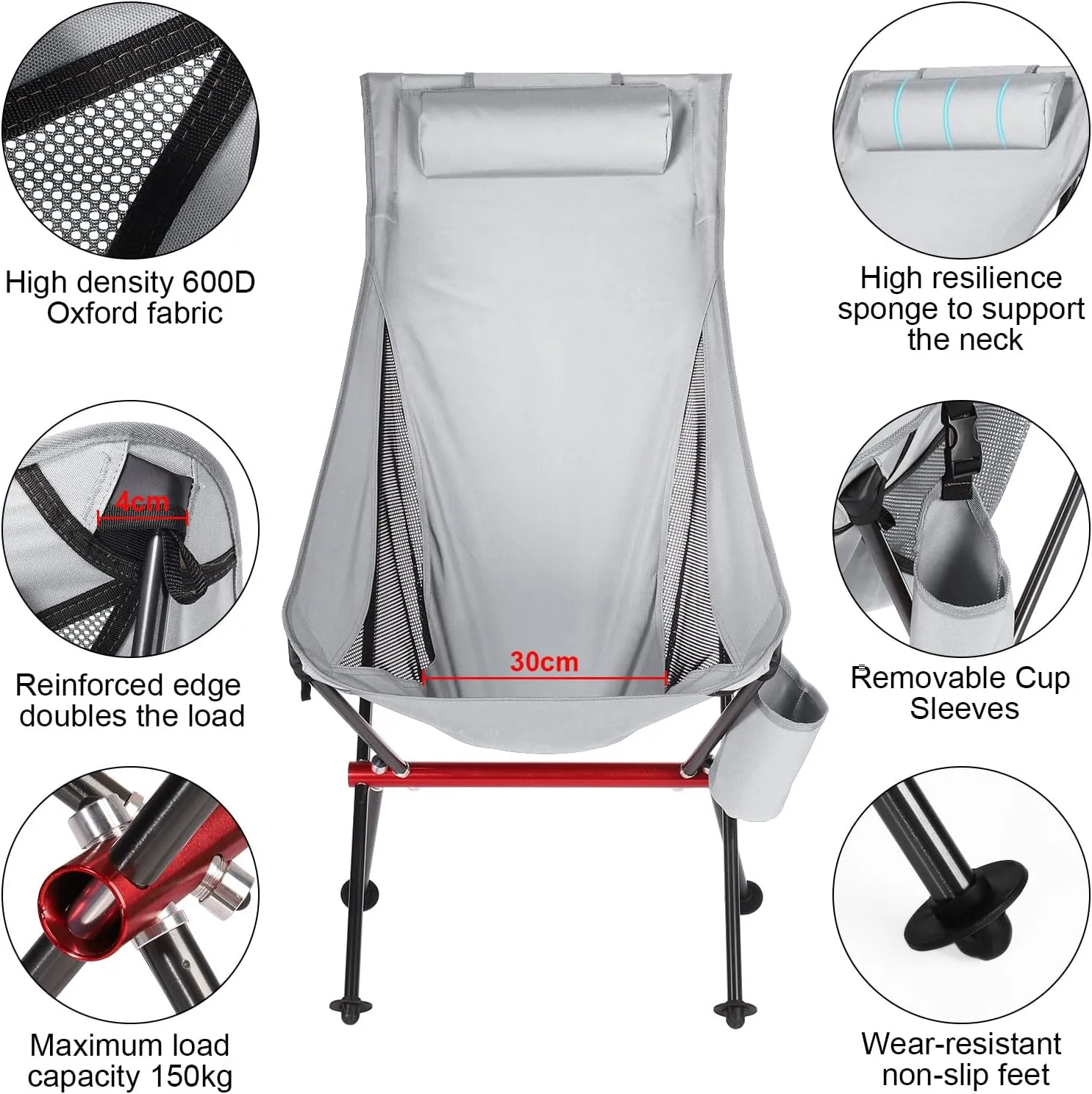 ShowyLive Camping Chair Portable Folding Lightweight Outdoor Compact Backpack Chair with Cup Holder Heavy Duty for Hiking, Grey