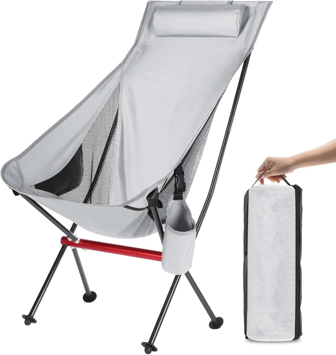 ShowyLive Camping Chair Portable Folding Lightweight Outdoor Compact Backpack Chair with Cup Holder Heavy Duty for Hiking, Grey