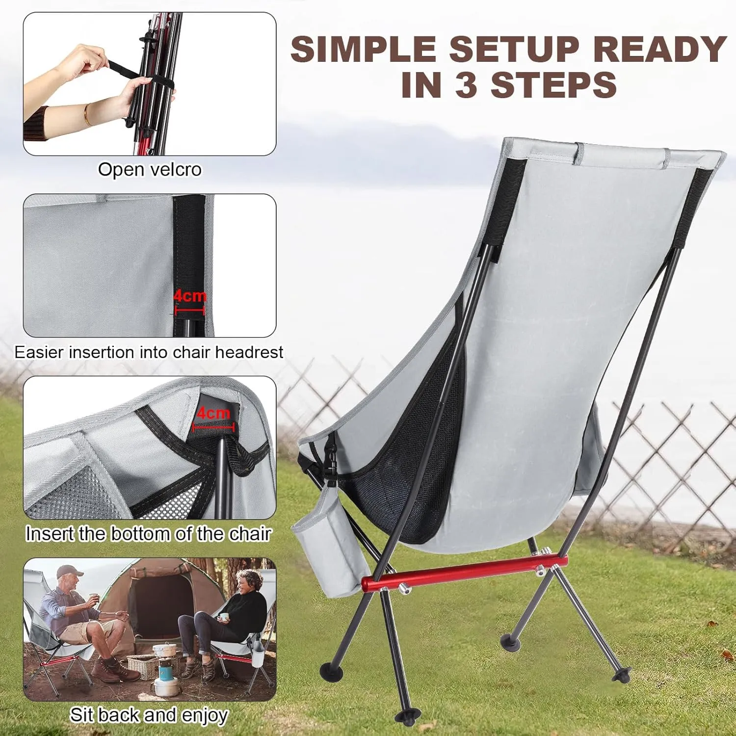 ShowyLive Camping Chair Portable Folding Lightweight Outdoor Compact Backpack Chair with Cup Holder Heavy Duty for Hiking, Grey