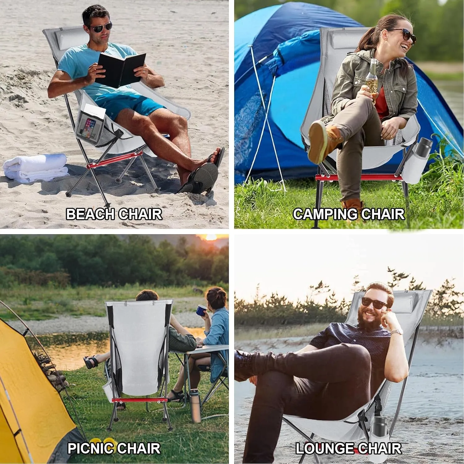 ShowyLive Camping Chair Portable Folding Lightweight Outdoor Compact Backpack Chair with Cup Holder Heavy Duty for Hiking, Grey