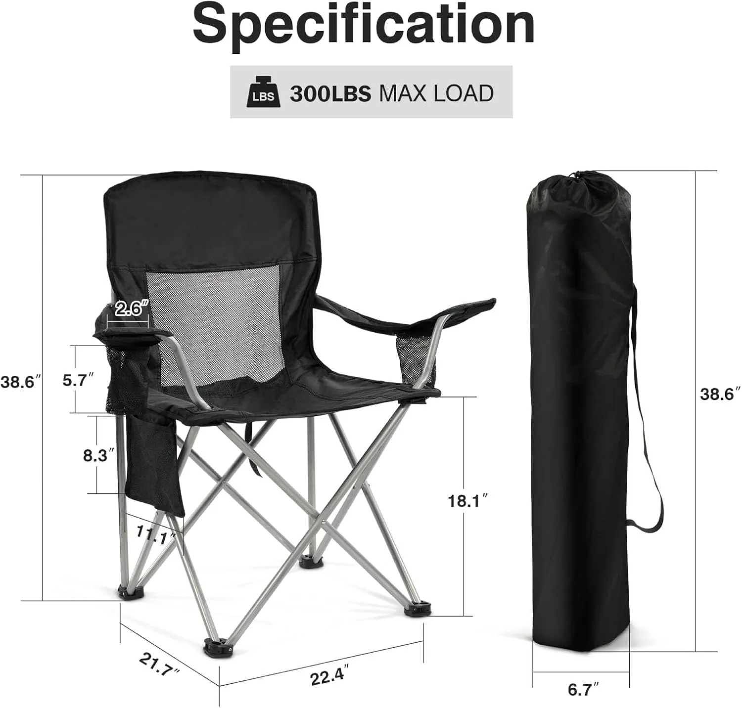 Simple Deluxe Outdoor Foldable Camping Chair, with Cup Holder and Carrying Bag, Camping Chair with 300lbs Capacity and Sturdy Material, Suitable for Beaches, Hiking and Camping, Black