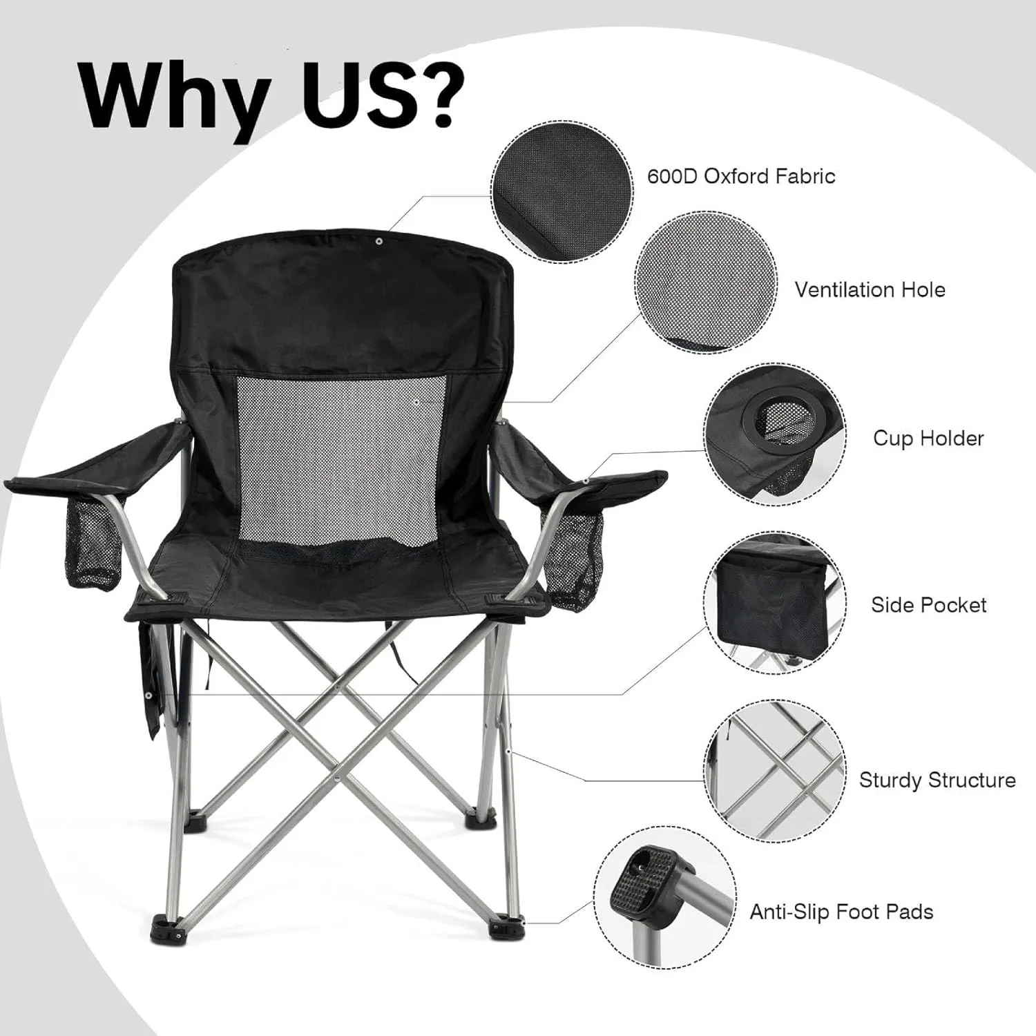 Simple Deluxe Outdoor Foldable Camping Chair, with Cup Holder and Carrying Bag, Camping Chair with 300lbs Capacity and Sturdy Material, Suitable for Beaches, Hiking and Camping, Black