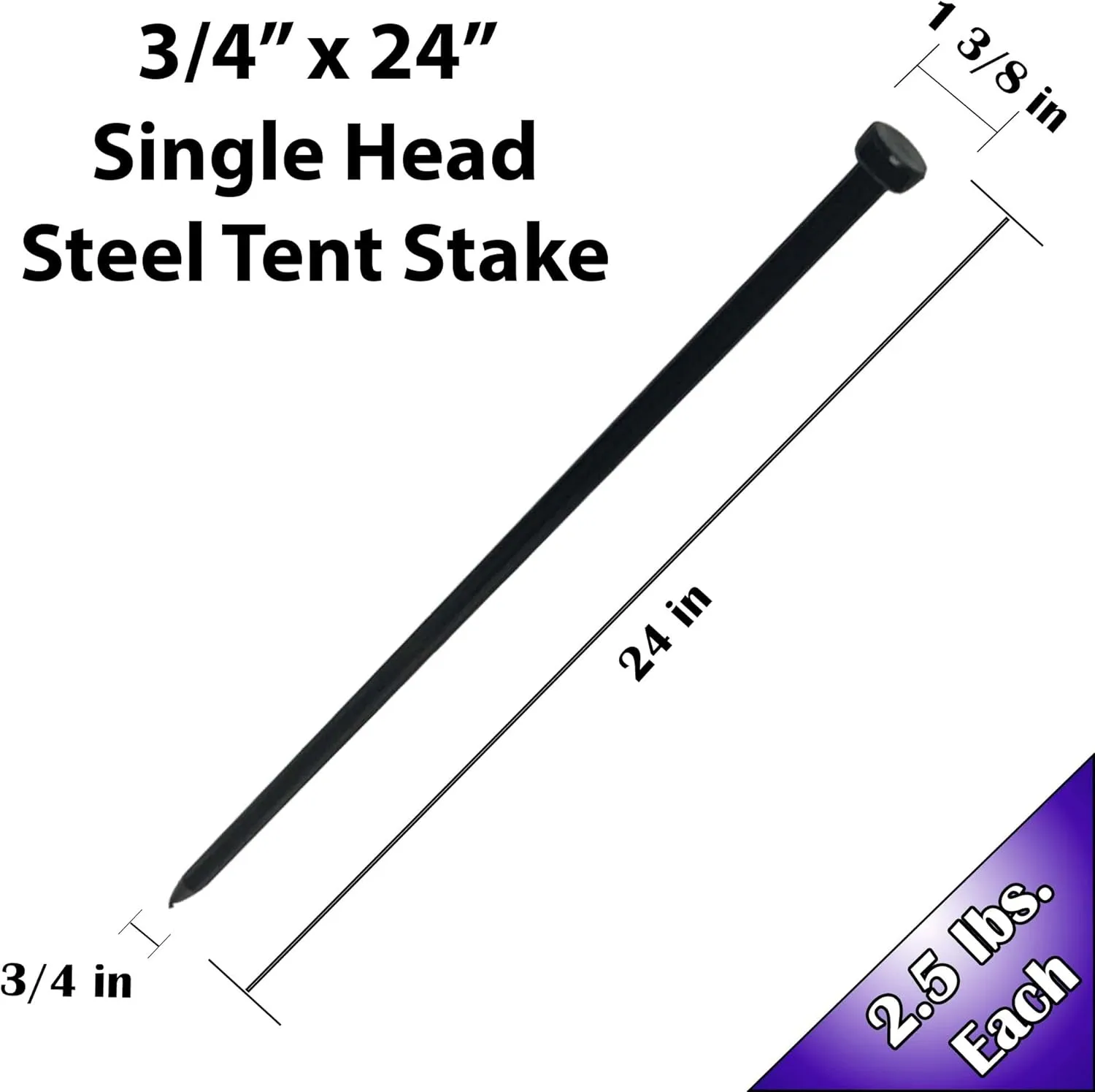 Single Head Tent Stakes - Heavy Duty Steel Tent Stakes, Versatile Ground Spikes to Anchor Commercial Inflatables, Party Tents, and Outdoor Camping Shelters, 3/4 x 24 Inch, 10-Pack
