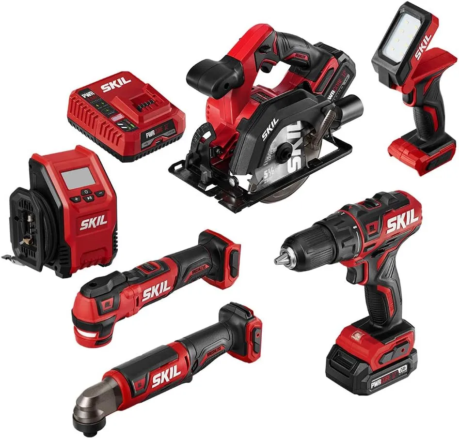 SKIL PWR CORE 12 Brushless 6-Tool Combo Kit, Included 4.0Ah Lithium Battery, 2.0Ah Lithium Battery and PWRJump Charger - CB7434-21