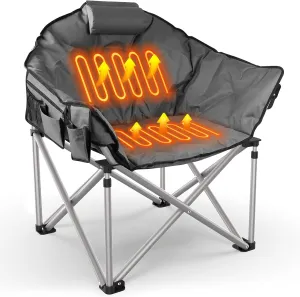 Slendor Heated Camping Chair with Oversized Padded Design, 3 Adjustable Heating Levels, Portable Folding Outdoor Chair with Pillow & Storage Bag, Ideal for Camping, Patio, and Sports, Gray